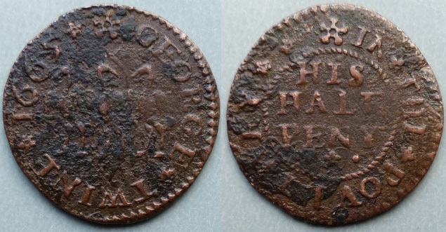 The Poultry, George Twine 1665 halfpenny (Pepys 3 cranes)